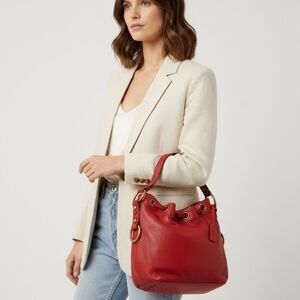 Aqua Madonna Red Leather Bucket Drawstring Bag